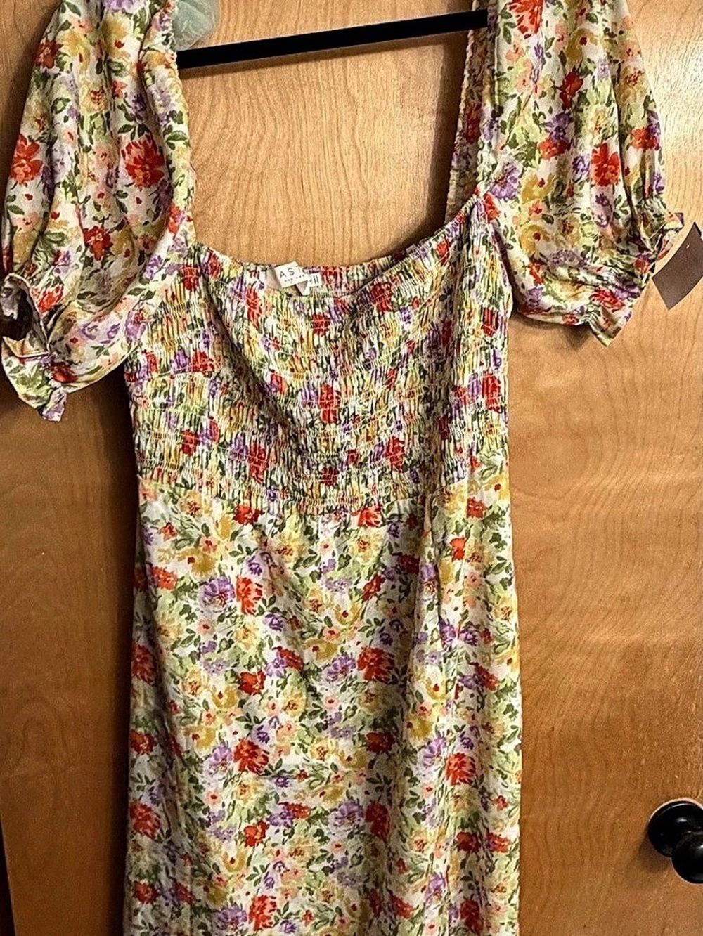 ASTR Puff Sleeve Floral Smocked Midi Dress